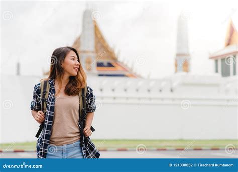 Traveler Backpacker Asian Woman Travel In Bangkok Thailand Stock