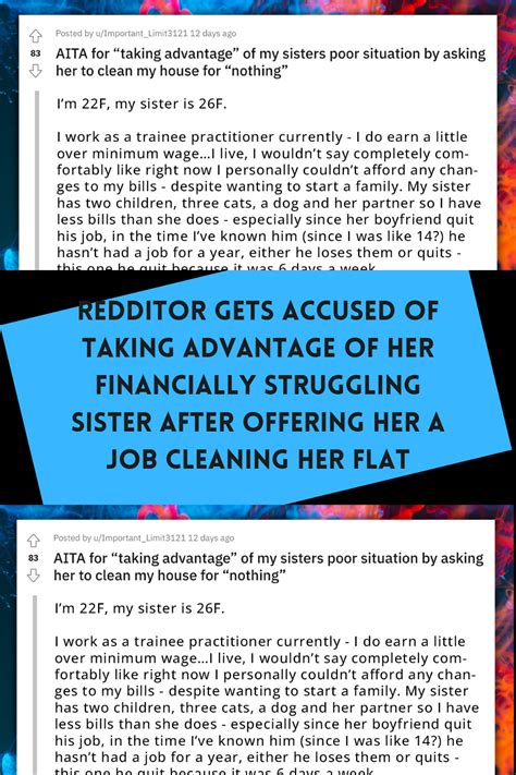 redditor gets accused of taking advantage of her financially struggling sister after offering