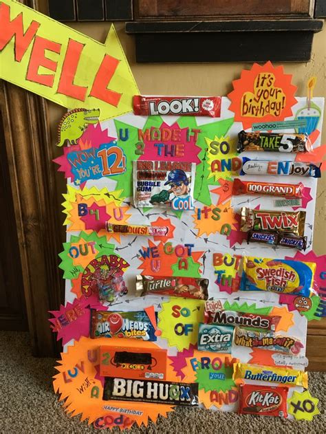 A Candy Bar Display With Lots Of Stickers On It