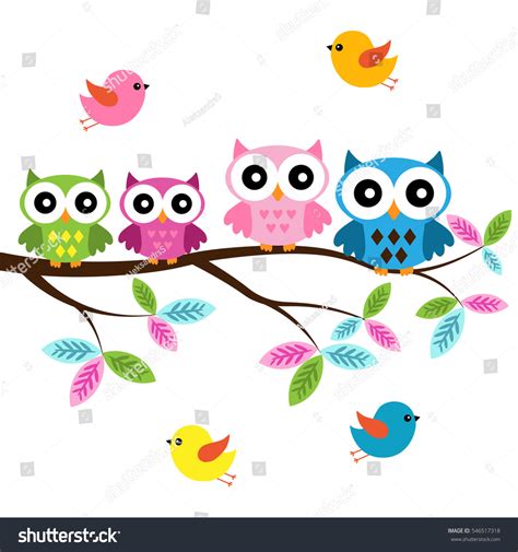 Four Colorful Owls Sitting On Branch 库存矢量图（免版税） 546517318 Shutterstock