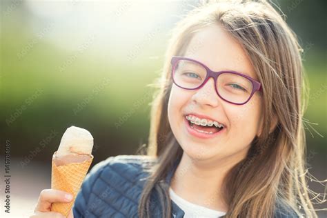 Girl Teen Pre Teen Girl With Ice Cream Girl With Glasses Girl With