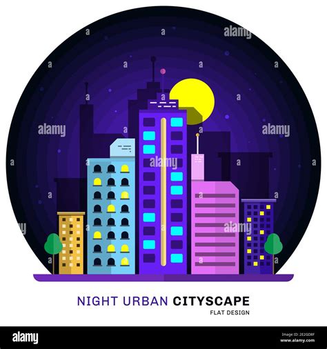 Night Urban Cityscape Flat Design With Architecture Skyscrapers Tower