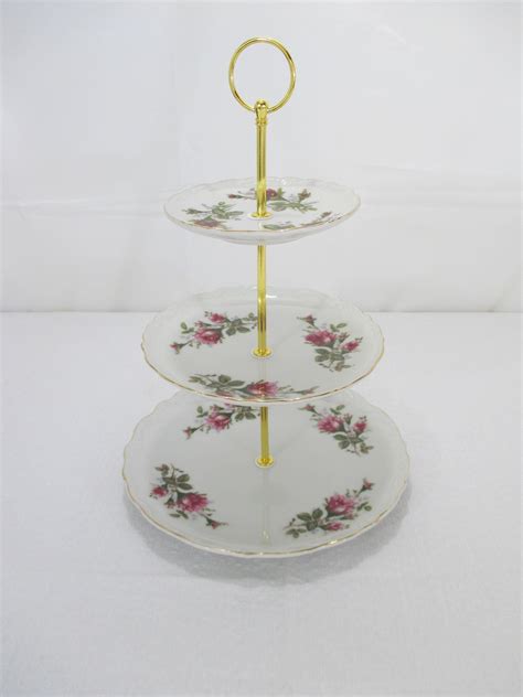 Vintage 3 Tier Cake Stand Pink Rose Pattern Tea Party Shower