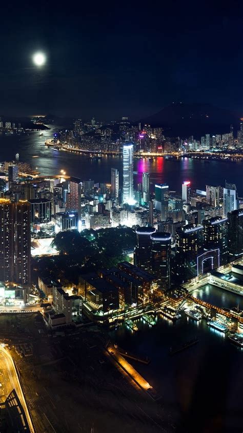 Wallpaper City Night View Hong Kong Skyscrapers Sea Lights