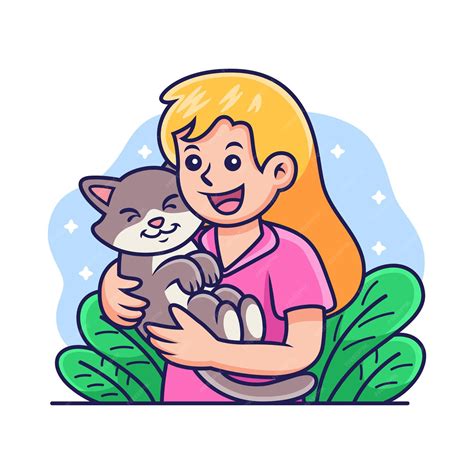 Premium Vector Happy Girl Holding A Cat Cartoon Vector Icon Illustration Isolated On Premium