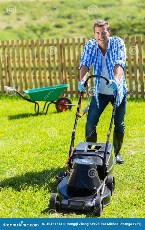 Man Lawn Mowing Stock Photo Image Of Gloves Laboring 40471714