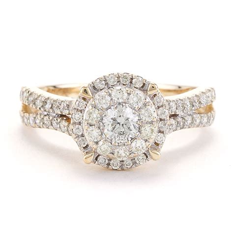 Round Diamond Ring With Double Halo And Split Shank In Yellow Gold