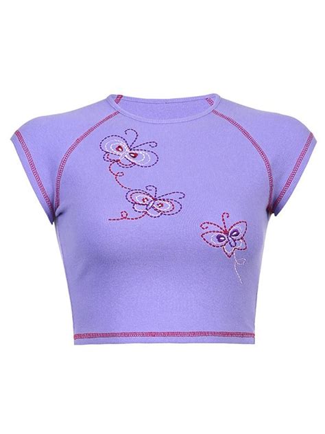 Emmiol Free Shipping 2023 Butterfly Embroidered Rib Crop Top Purple M