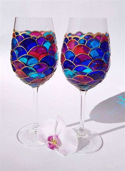 Hand Painted Mermaid Wine Glasses Set For Couple Mermaid Etsy Mermaid Wine Glasses Mermaid