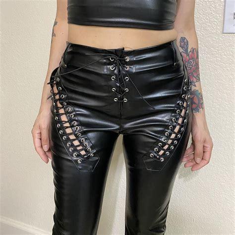 Womens Lace Up Pu Leather Pants Slim Fit Straight Depop