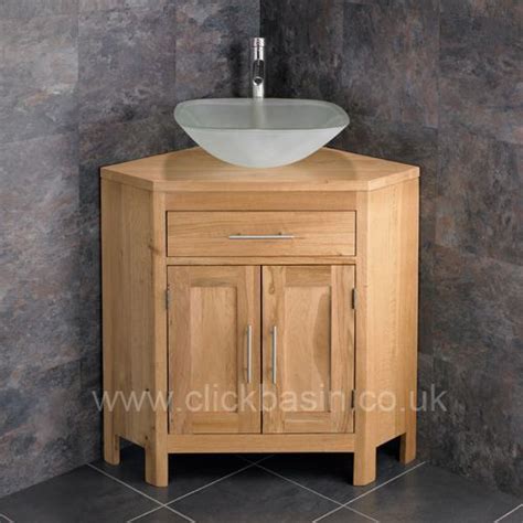 Large Corner Bathroom Oak Vanity Cabinet Square Frosted Glass Basin