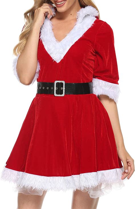Vestido De Navidad Con Capucha Para Mujer 2 Piezas Disfraz De Santa Claus Con Cinturón Rojo