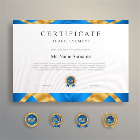 Blue And Gold Certificate With Badge And Border Vector A4 Template