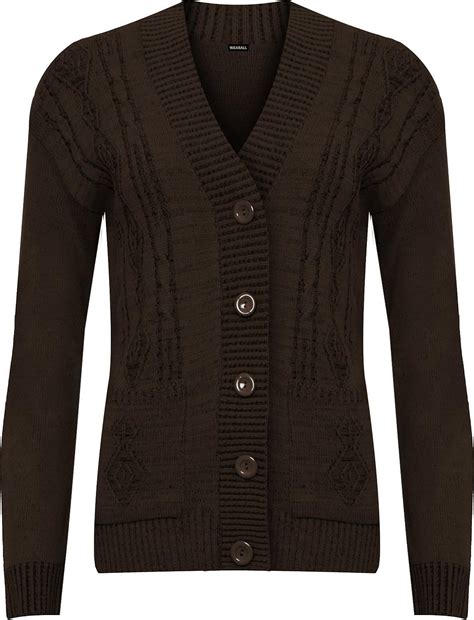 Wearall Womens Plus Knitted Pocket Cardigan Ladies Button Long Sleeve Plain Top Dark Brown