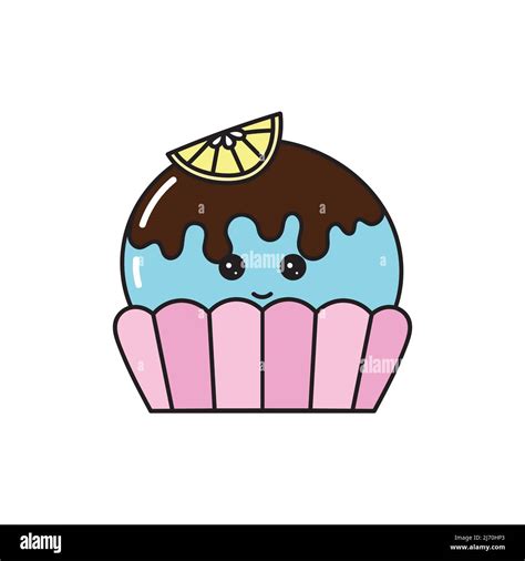 Vector Kawaii Cupcake With Cream And Berry With Smiling Faces Stock