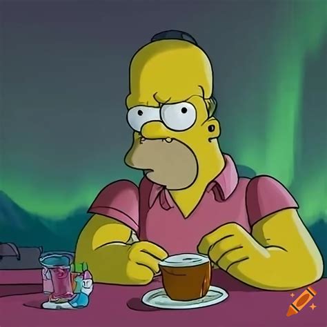 Homer Simpson Enjoying Steamed Buns With Aurora Borealis View