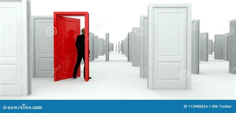 Man Choosing A Red Door Stock Illustration Illustration Of Open