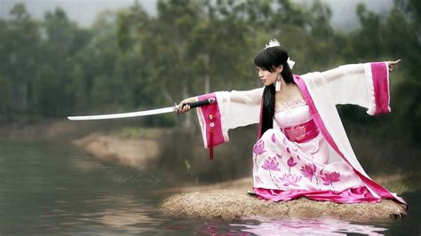 Wallpaper Women Fantasy Girl Asian Katana Sword Pink Kimono Lotus Flowers Clothing