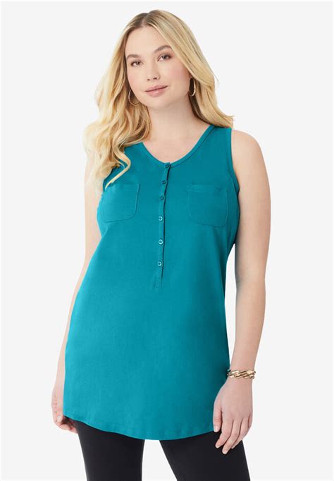 Button Front Henley Ultimate Tunic Tank Roamans