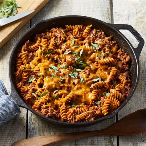 For the meaty version, follow this recipe but swap ground soybean for ground beef. Ground Beef & Pasta Skillet Recipe | EatingWell