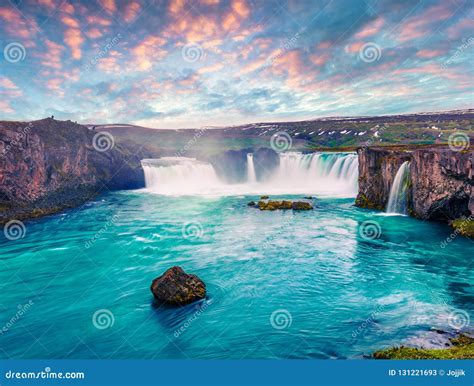 Picturesque Summer Morning Scene On The Godafoss Waterfall Stock Image