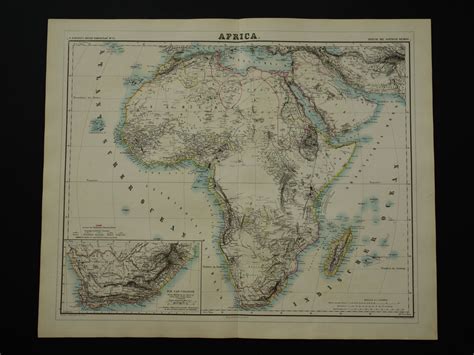 1874 Africa Antique Map Of Africa Large Beautiful Hand Colored Vintage