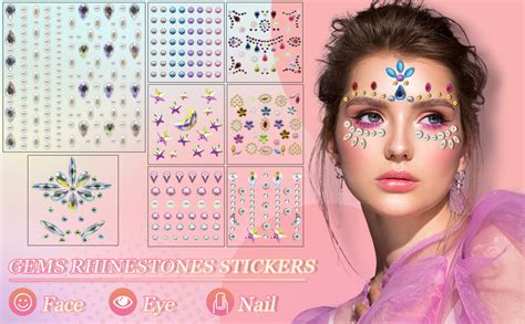 8 Sheets Eye Body Face Gems Jewels Stick On Gems Stickers Rhinestones