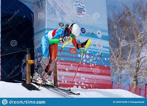 Mountain Skier Start Skiing Down Mount Slope Russian Alpine Skiing Cup