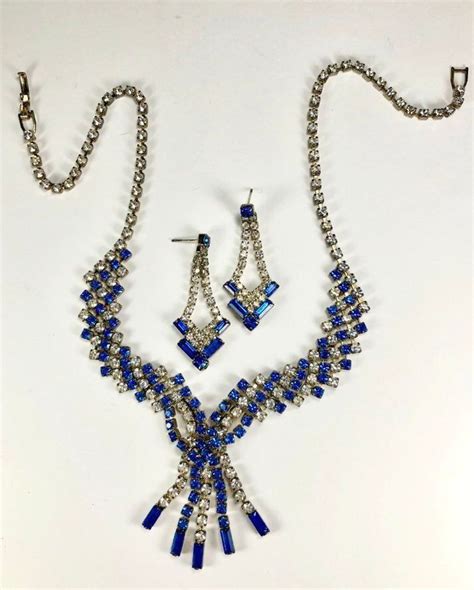Rhinestone Fringe Necklace Earrings Set Blue White Vintage Etsy