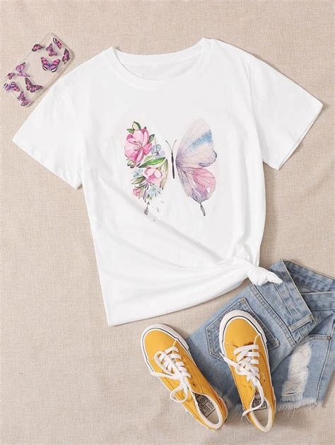 Camiseta Con Estampado Floral Con Mariposa Moda De Mujer Shein