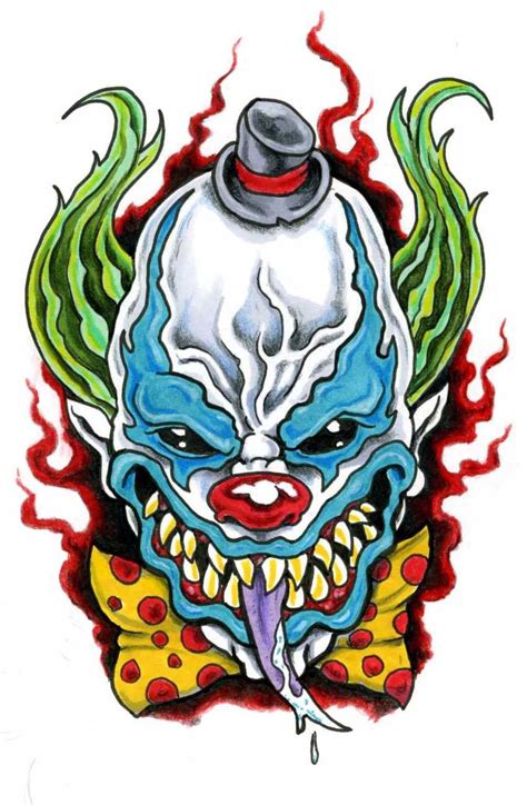 A Drawing Of A Clowns Face With Red And Green Hair On Top Of It