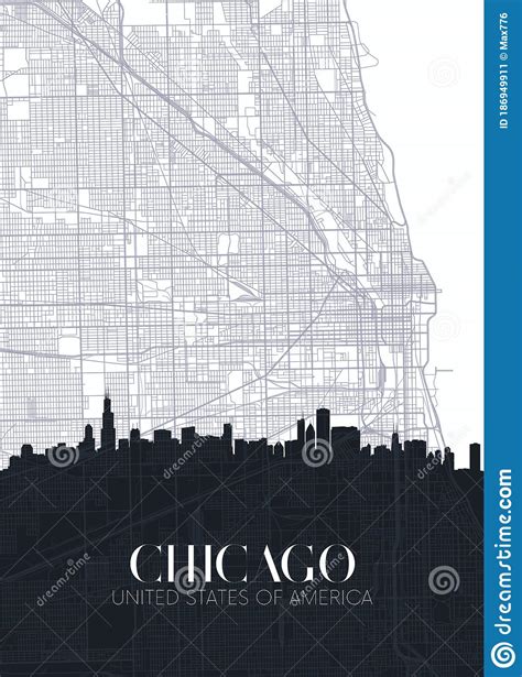 Skyline And City Map Of Chicago Detailed Urban Plan Vector Print