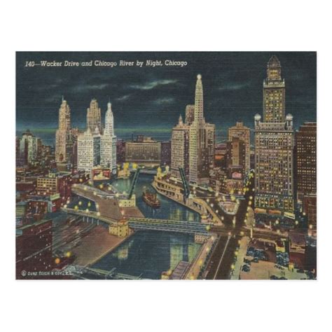 Vintage Chicago Night Skyline Postcard Ad Affiliate Nightskylinepostcardshop Night