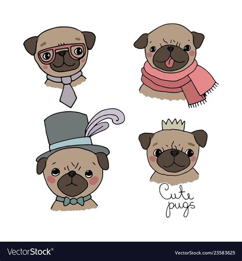 Set Of Little Pugs Cute Animals Funny Dogs Vector Illustration