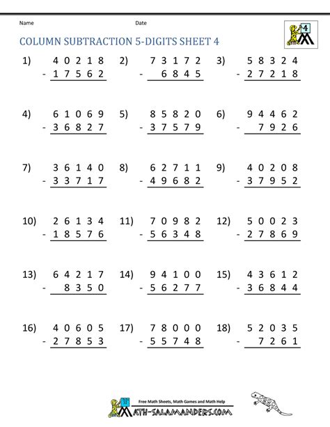 5 Digit Subtraction Worksheets