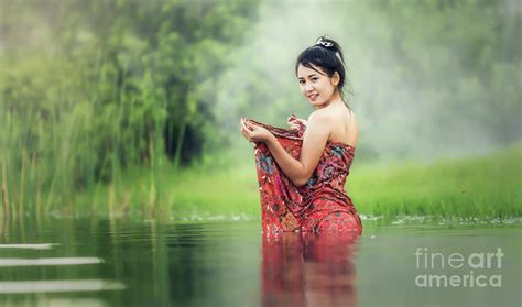 Thai Woman Bathing In The River Poster By Sasin Tipchai