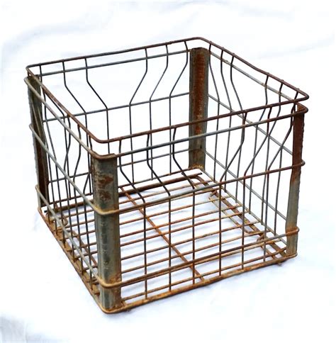 Vintage Metal Milk Crate Wire Storage Basket Country Rustic Farm