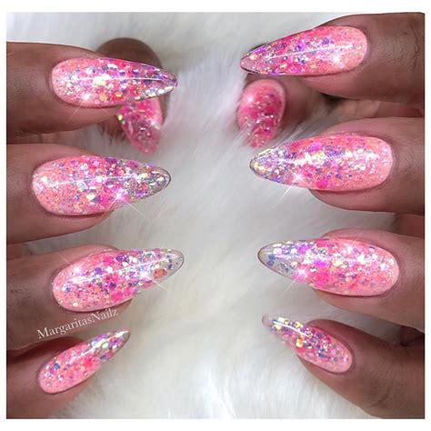 Pink Glitter Ombré Nails Almond Shape Sparkly Nail Art Design Spring