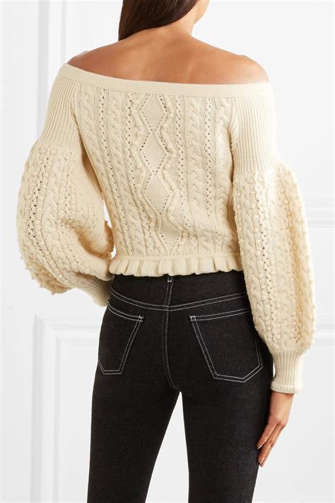 Lyst Valentino Off The Shoulder Cable Knit Wool Sweater In Natural