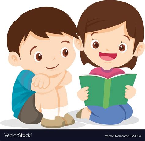 Kidsboy And Girl Sit And Read Book Cute Boy Listen Girl Reading A