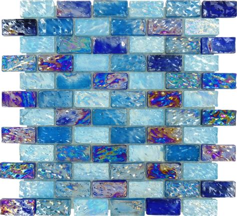Altto Glass River Blue Ripple Blend Uniform Brick Glossy And Iridescent Glass Tile S1911
