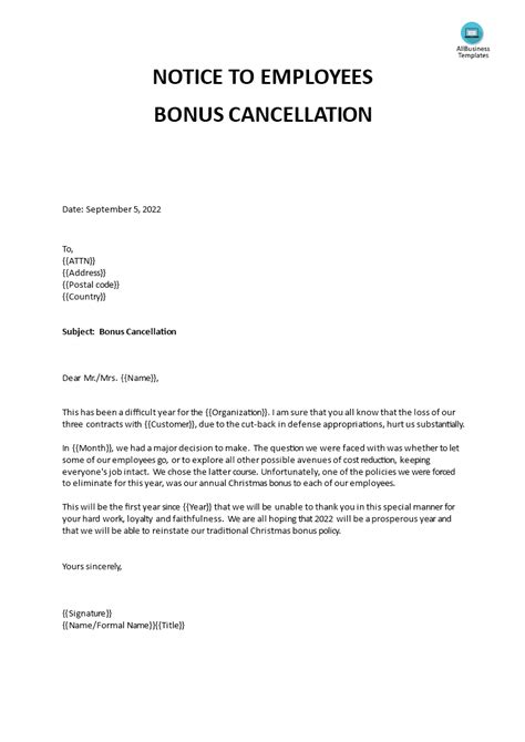 Notice To Employees Of Bonus Cancellation Templates At