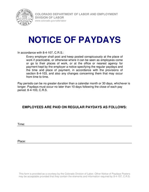 Free Colorado Colorado Paydays Notice Labor Law Postern2022