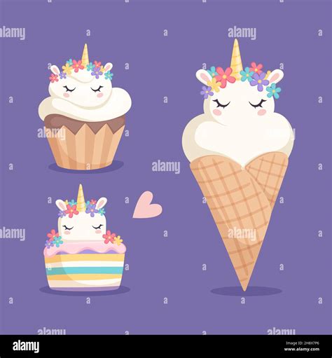 Unicorn Sweets Ice Cream Cupcake And Color Rainbow Cake With Cartoon