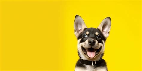 Premium Ai Image Happy Puppy Dog Smiling On Isolated Yellow Background