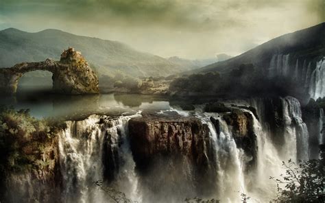 Wallpaper Landscape Waterfall Fantasy Art Nature Reflection Mist