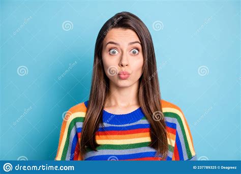 Photo Portrait Of Cute Lovely Girl Sending Air Kiss Pouted Lips Staring