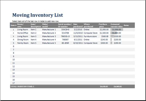 Printable Movers Inventory Sheet Printable Word Searches