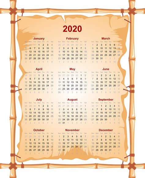 2020 Flower Yearly Calendar Downloadable Template Png