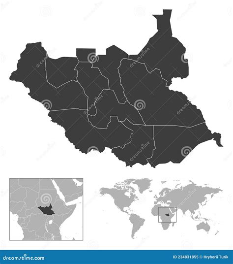 South Sudan Detailed Country Outline And Location On World Map Stock